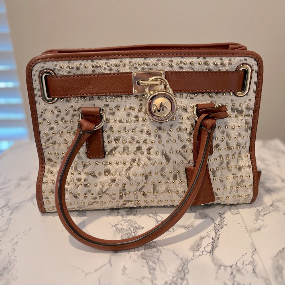 Like new studded Michael Kors handbag, white and tan.